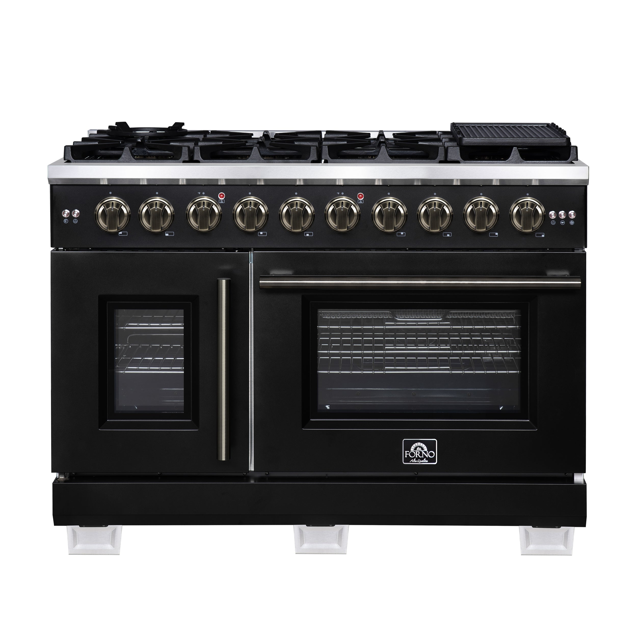 Forno Capriasca 48-Inch Black Freestanding French Door Gas Range, 8 Burners, Convection Oven, Energy Efficient