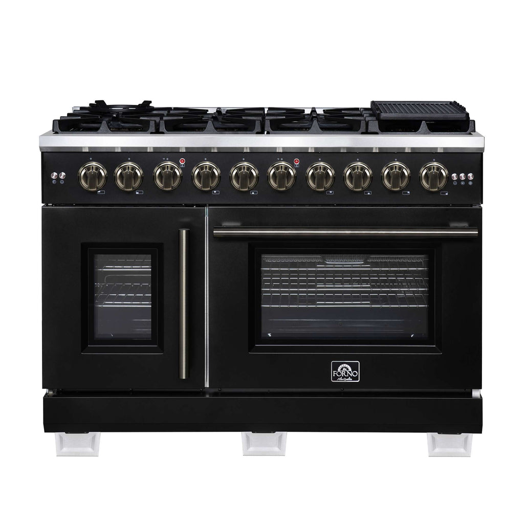 Forno Capriasca 48-Inch Black Freestanding French Door Gas Range, 8 Burners, Convection Oven, Energy Efficient