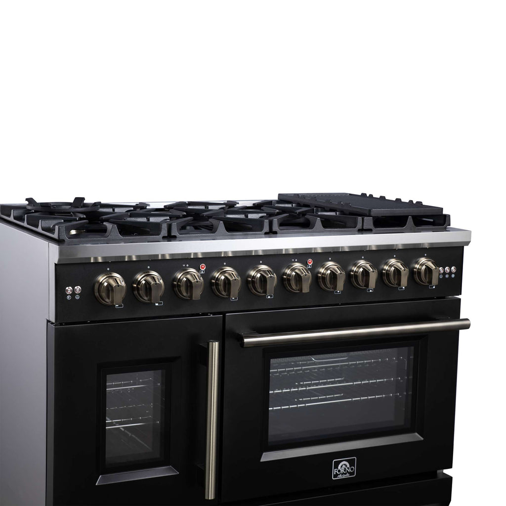 Forno Capriasca 48-Inch Black Freestanding French Door Gas Range, 8 Burners, Convection Oven, Energy Efficient