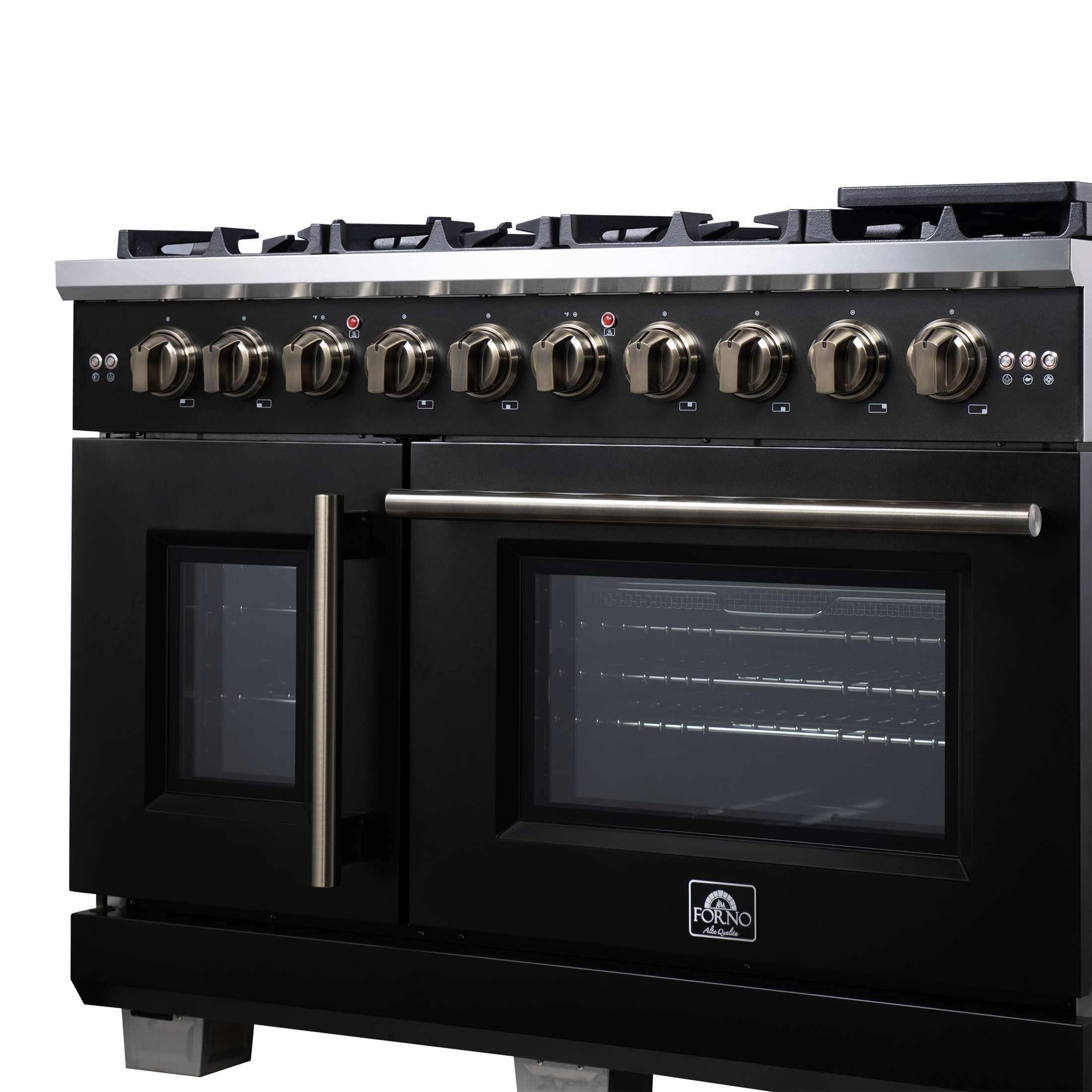 Forno Capriasca 48-Inch Black Freestanding French Door Gas Range, 8 Burners, Convection Oven, Energy Efficient