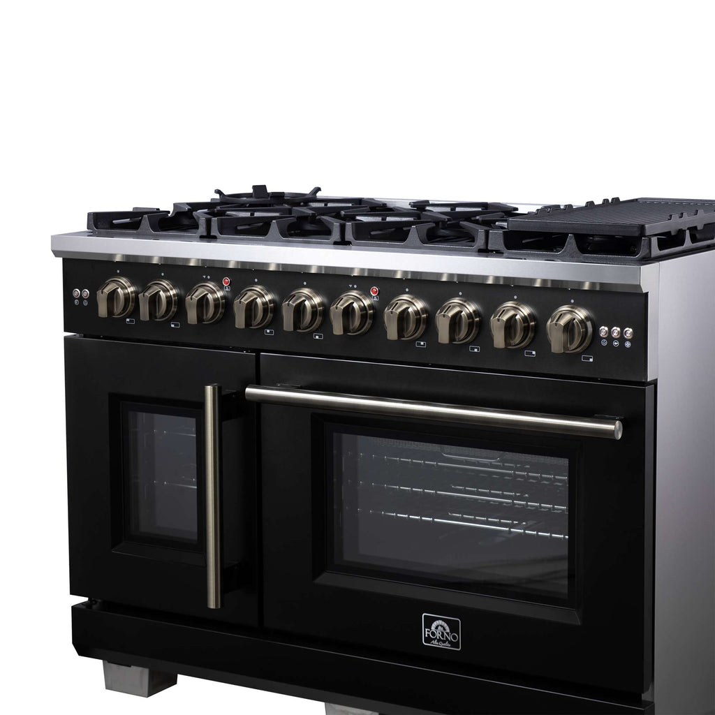 Forno Capriasca 48-Inch Black Freestanding French Door Gas Range, 8 Burners, Convection Oven, Energy Efficient