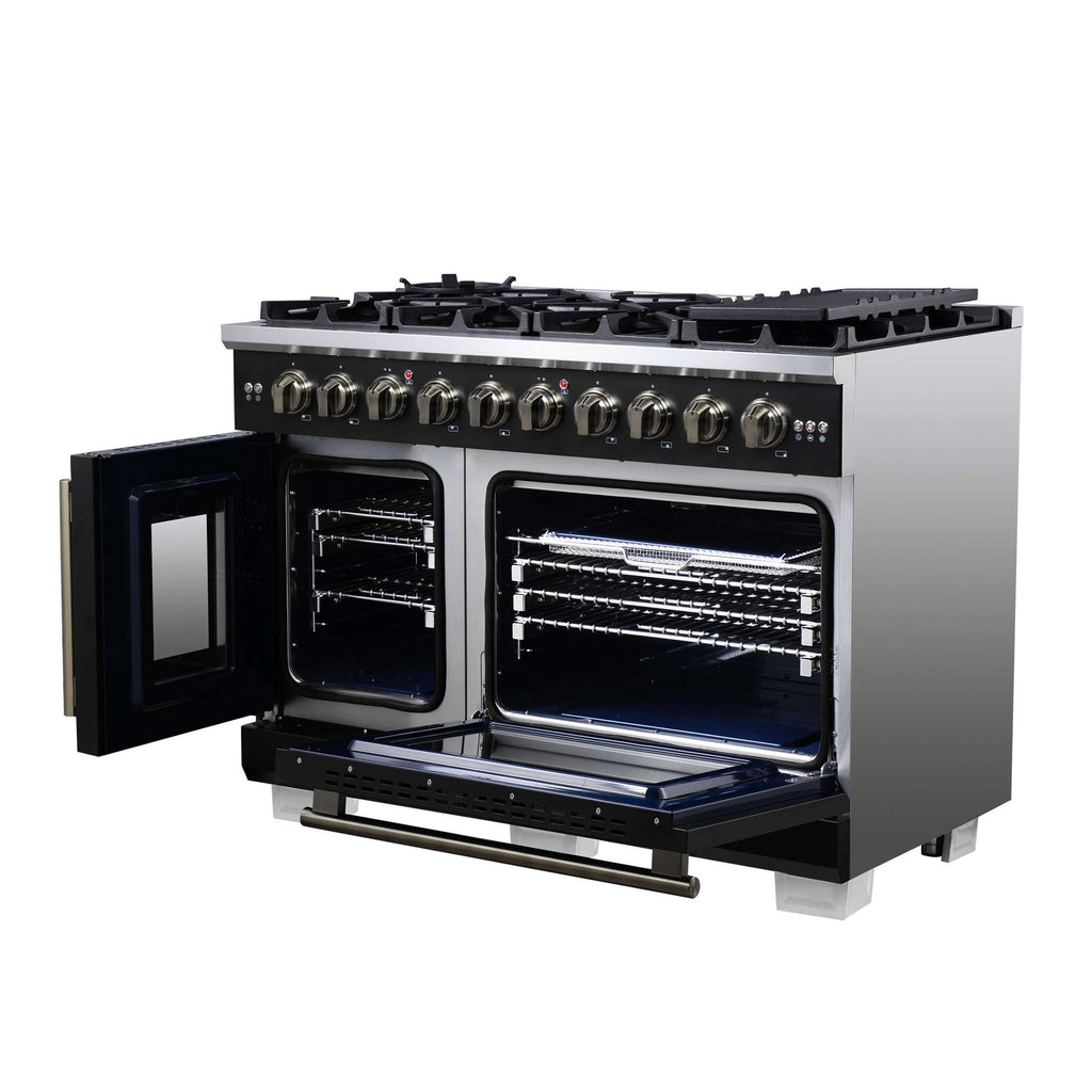 Forno Capriasca 48-Inch Black Freestanding French Door Gas Range, 8 Burners, Convection Oven, Energy Efficient