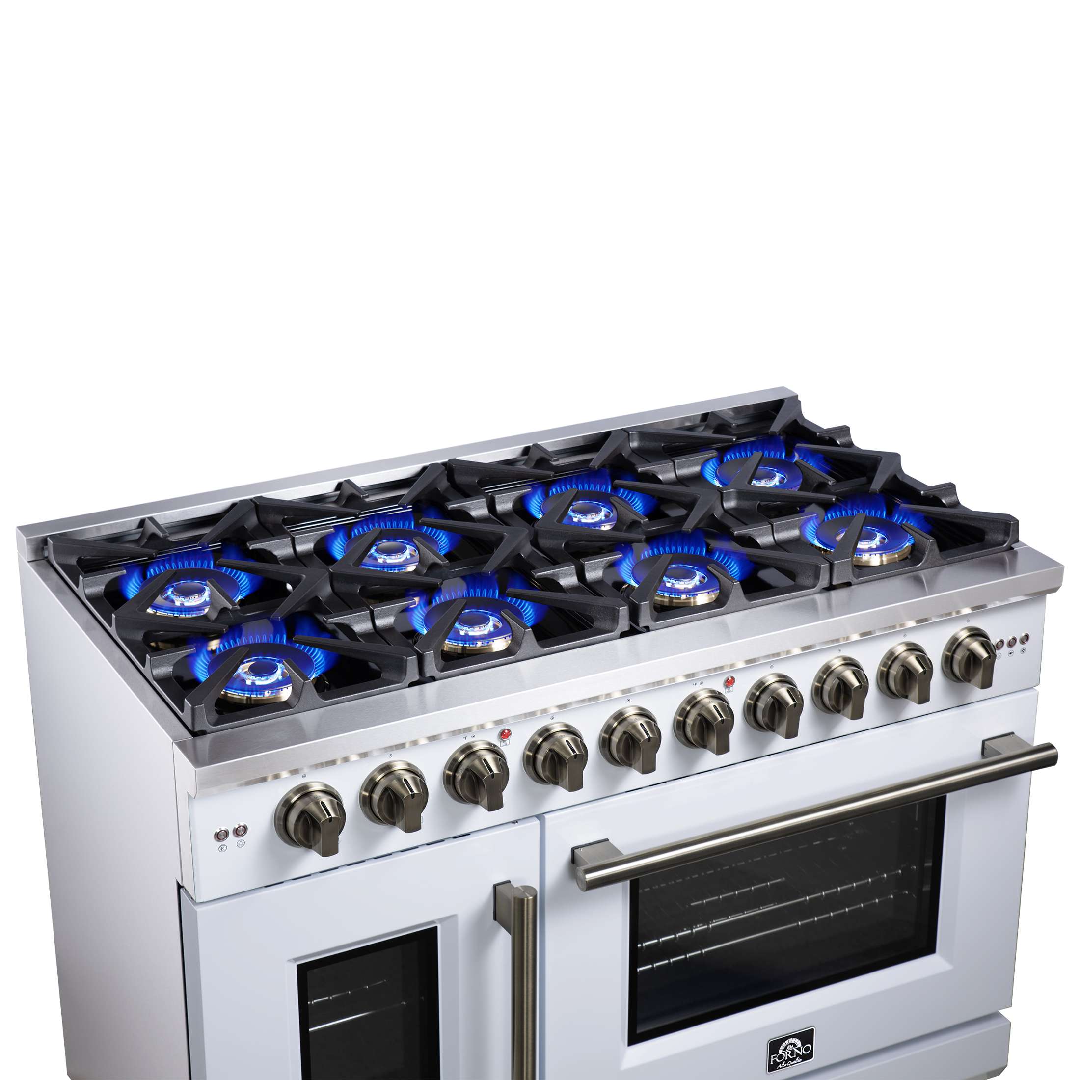 Forno Capriasca 48-Inch White Freestanding French Door Gas Range, 8 Burners, Convection Oven, Energy Efficient