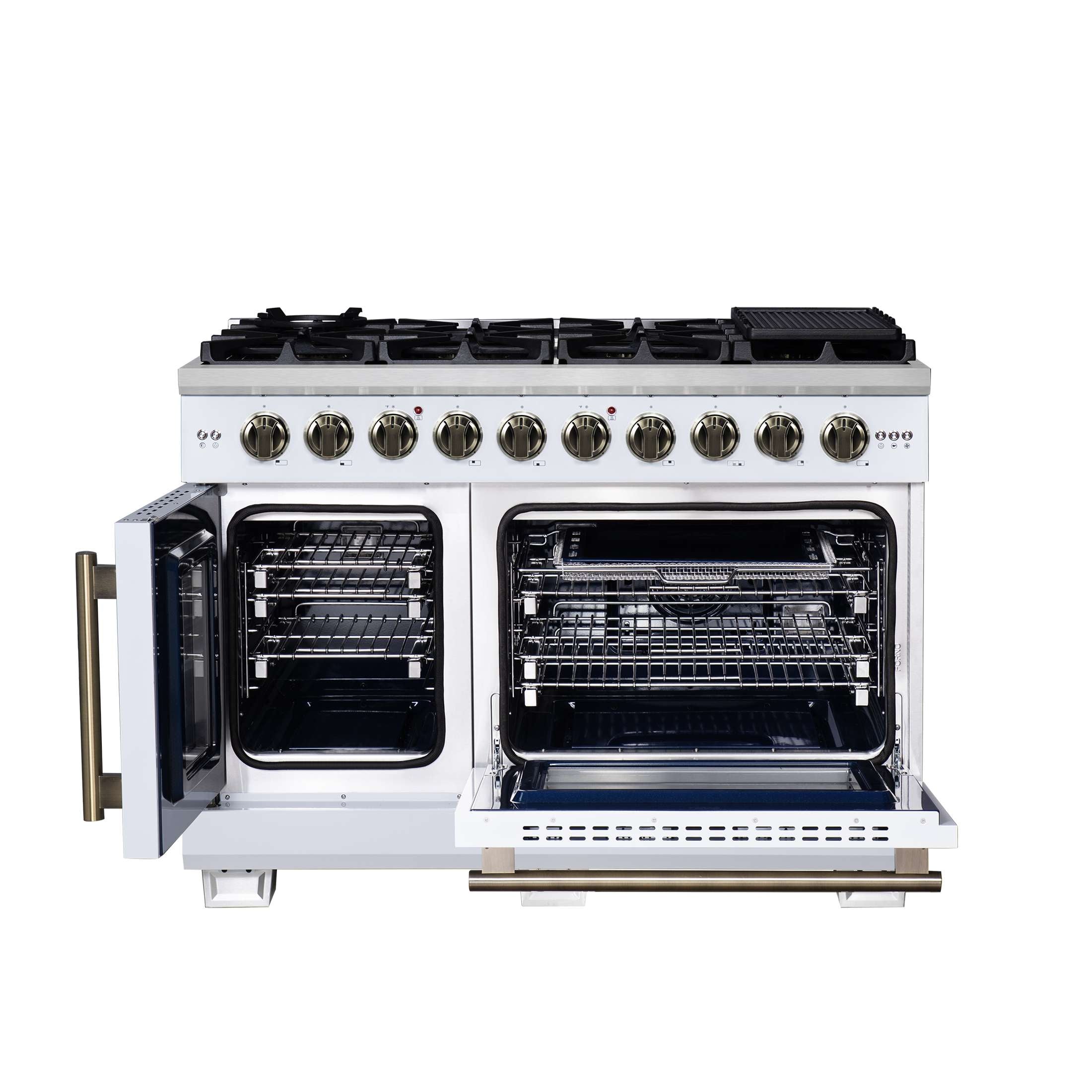 Forno Capriasca 48-Inch White Freestanding French Door Gas Range, 8 Burners, Convection Oven, Energy Efficient