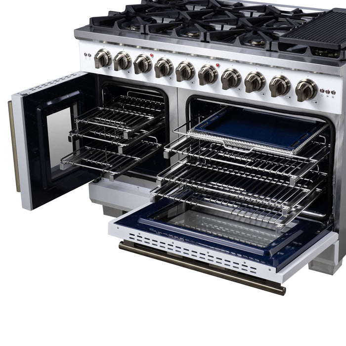 Forno Capriasca 48-Inch White Freestanding French Door Gas Range, 8 Burners, Convection Oven, Energy Efficient