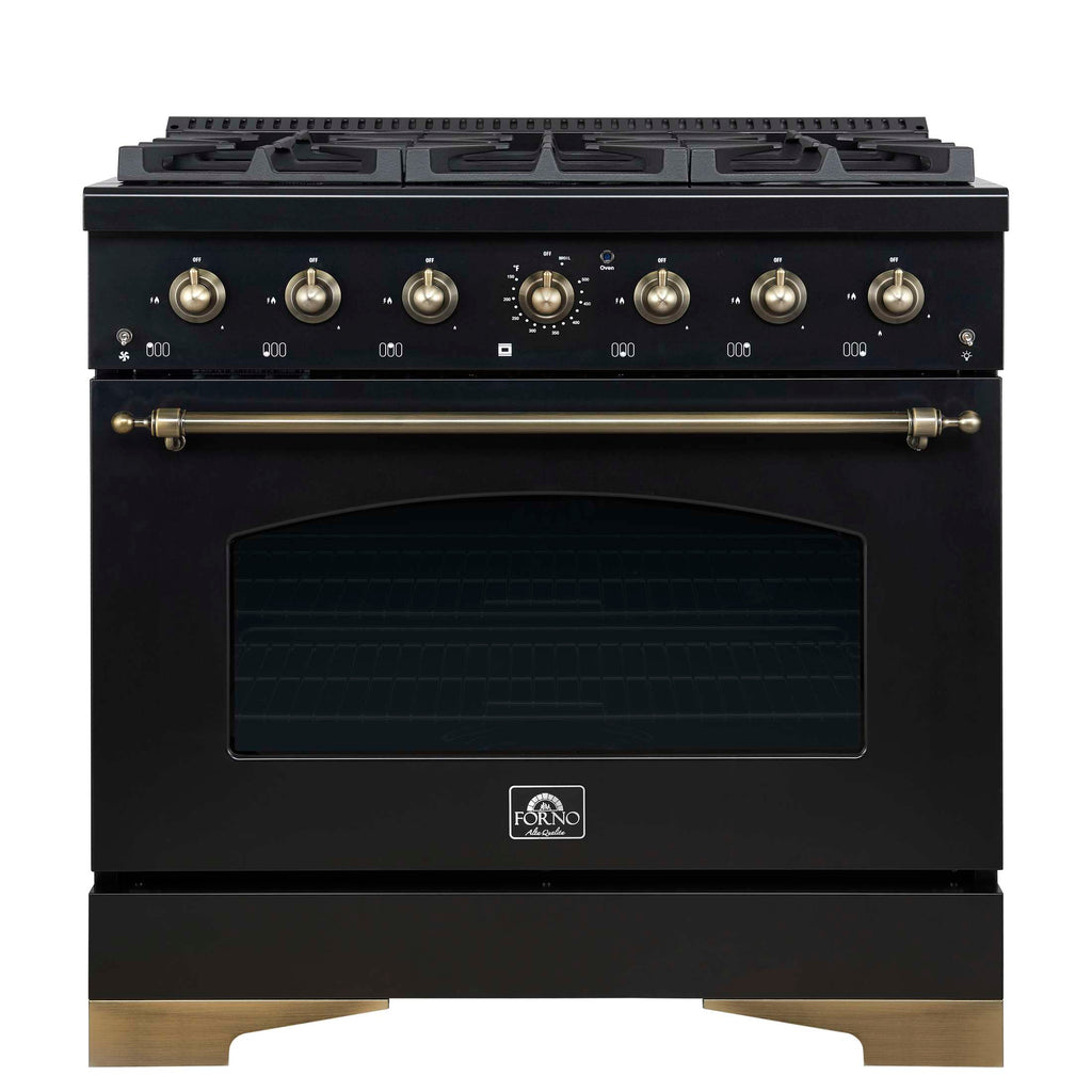 Forno Antico 36-Inch Freestanding Gas Range, Black, Antique Brass Design, 6 Burners, Convection Oven, Energy Efficient