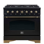 Forno Antico 36-Inch Freestanding Gas Range, Black, Antique Brass Design, 6 Burners, Convection Oven, Energy Efficient