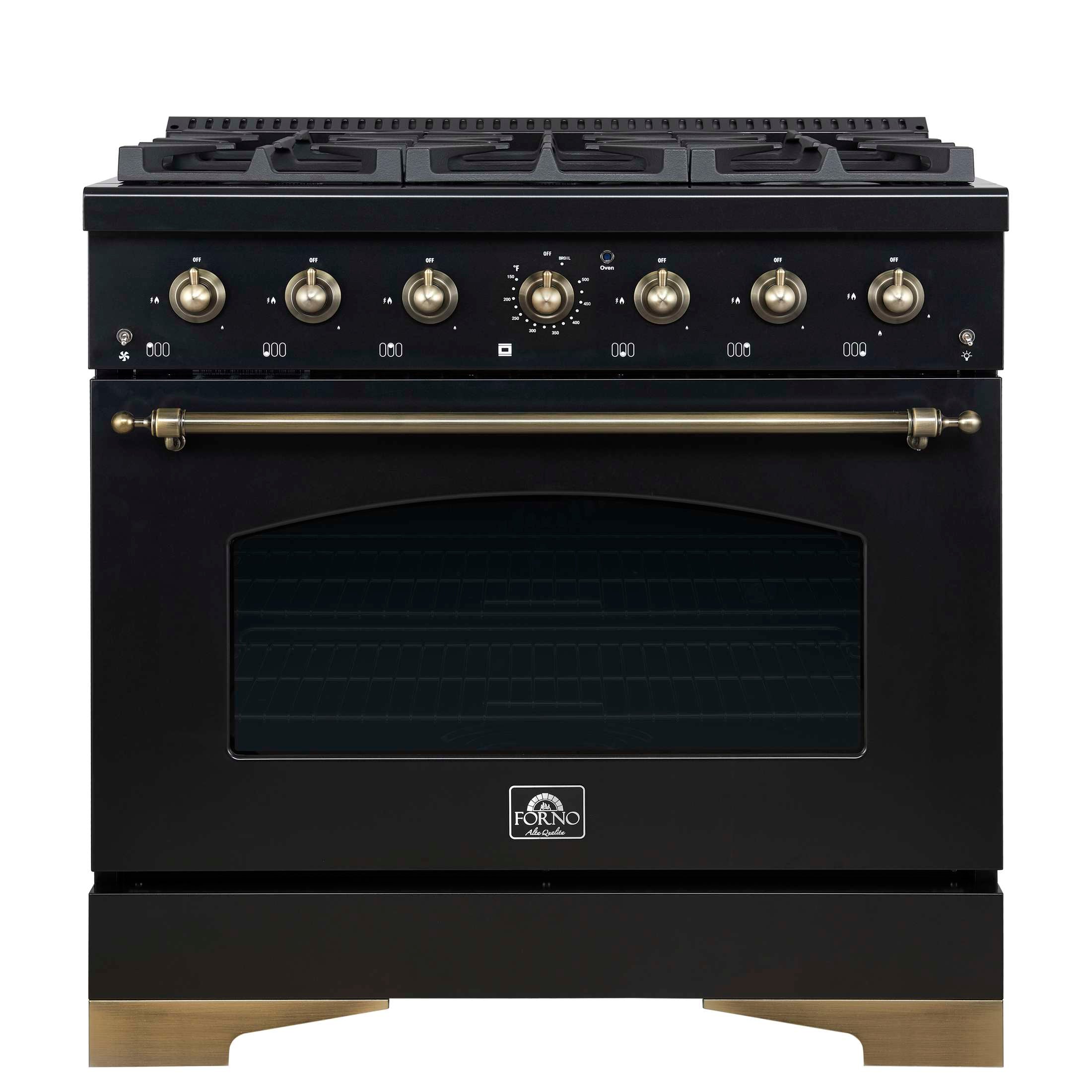 Forno Antico 36-Inch Freestanding Gas Range, Black, Antique Brass Design, 6 Burners, Convection Oven, Energy Efficient