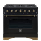 Forno Antico 36-Inch Freestanding Gas Range, Black, Antique Brass Design, 6 Burners, Convection Oven, Energy Efficient