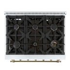 Forno Antico 36-Inch Freestanding Gas Range, White, Antique Brass Design, 6 Burners, Convection Oven, Energy Efficient