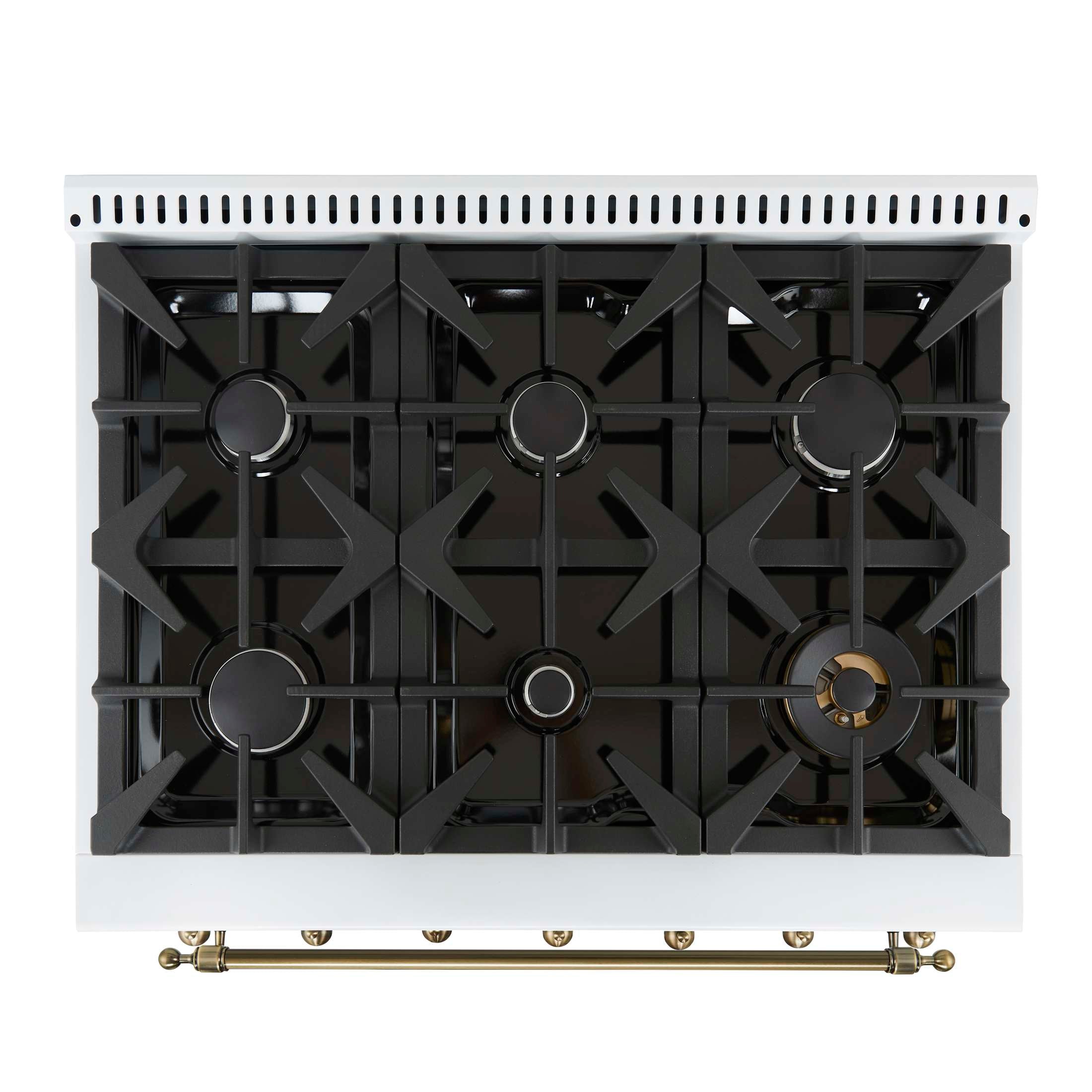 Forno Antico 36-Inch Freestanding Gas Range, White, Antique Brass Design, 6 Burners, Convection Oven, Energy Efficient