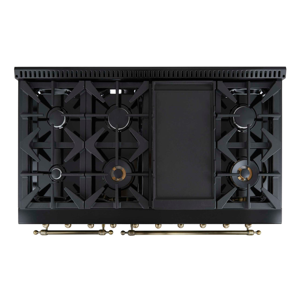 Forno Antico 48-Inch Freestanding Gas Range, Black, Antique Brass Design, 8 Burners, Griddle, Double Ovens, Energy Efficient