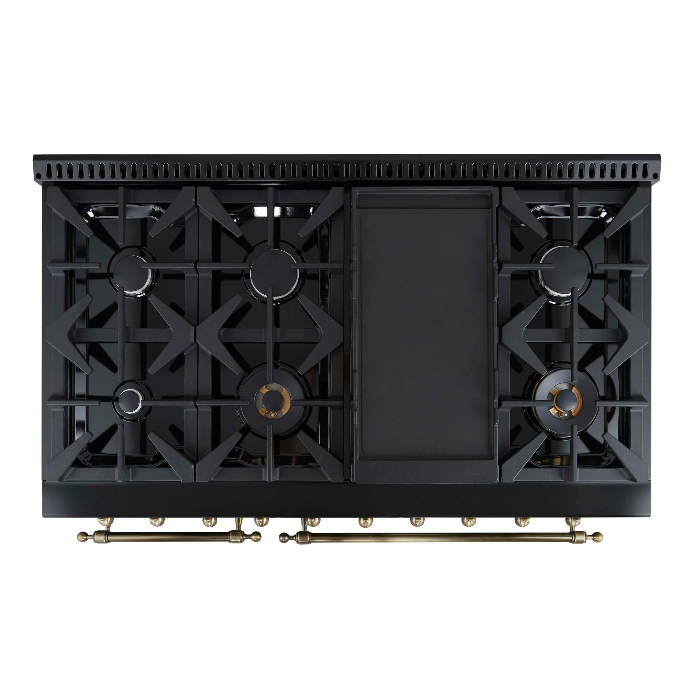Forno Antico 48-Inch Freestanding Gas Range, Black, Antique Brass Design, 8 Burners, Griddle, Double Ovens, Energy Efficient