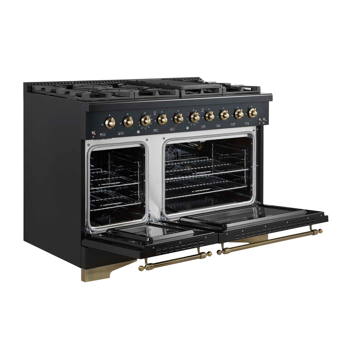 Forno Antico 48-Inch Freestanding Gas Range, Black, Antique Brass Design, 8 Burners, Griddle, Double Ovens, Energy Efficient