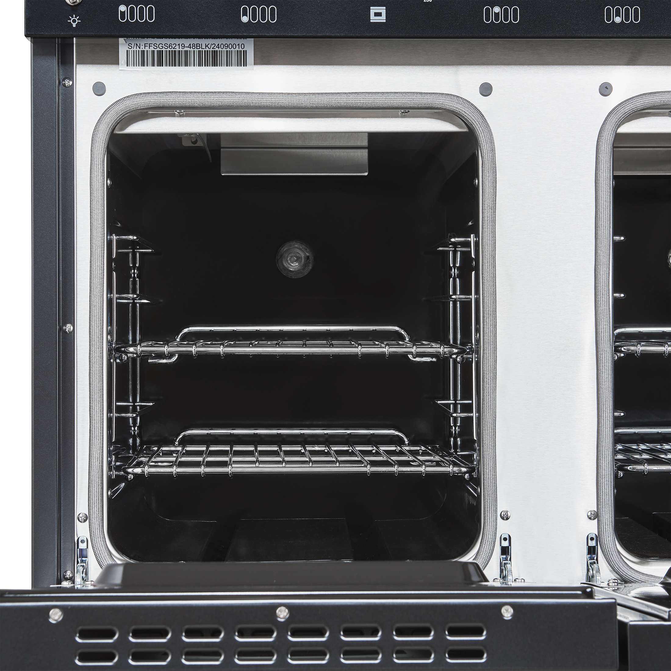 Forno Antico 48-Inch Freestanding Gas Range, Black, Antique Brass Design, 8 Burners, Griddle, Double Ovens, Energy Efficient