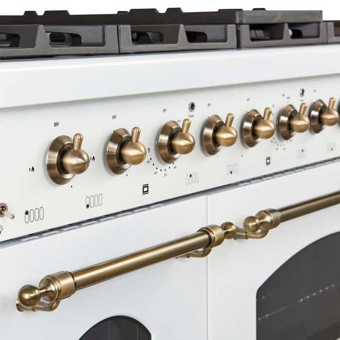 Forno Antico 48-Inch Freestanding Gas Range, White, Antique Brass Design, 8 Burners, Griddle, Double Ovens, Energy Efficient