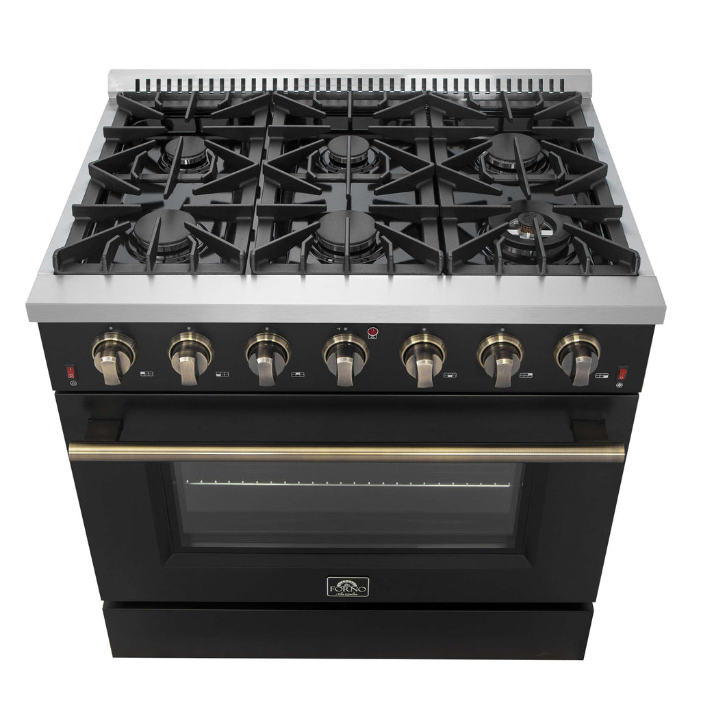 Forno Galiano 36-inch Freestanding Gas Range in Black with Antique Brass Design, 6 Burners, 83,000 BTU, 5.36 cu.ft. Convection Oven