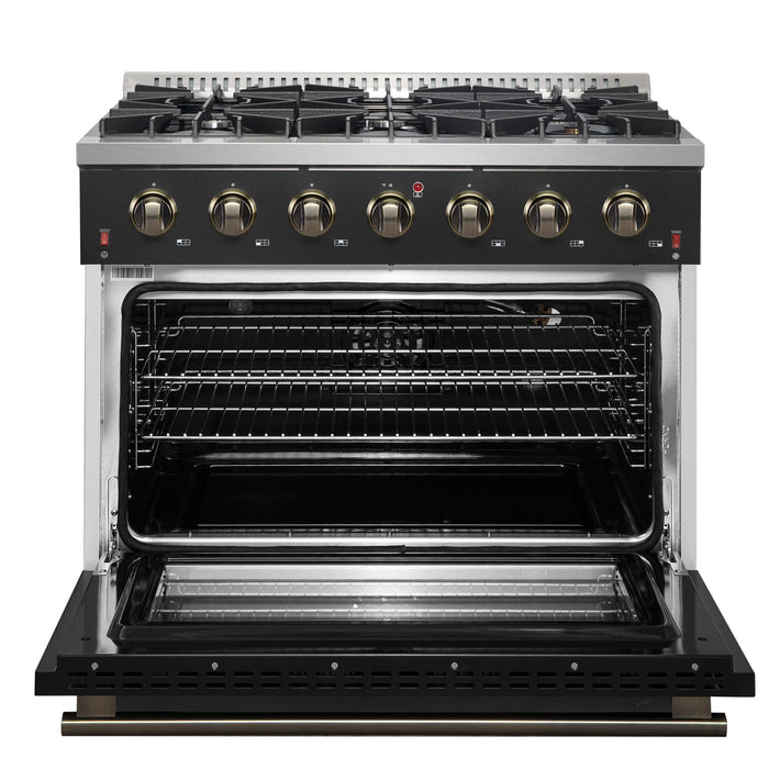 Forno Galiano 36-inch Freestanding Gas Range in Black with Antique Brass Design, 6 Burners, 83,000 BTU, 5.36 cu.ft. Convection Oven