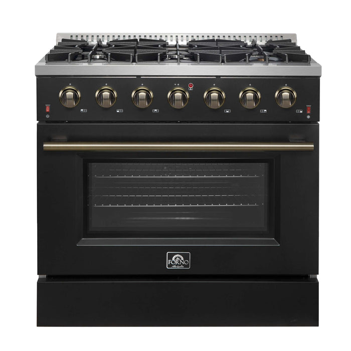 Forno Galiano 36-inch Freestanding Gas Range in Black with Antique Brass Design, 6 Burners, 83,000 BTU, 5.36 cu.ft. Convection Oven