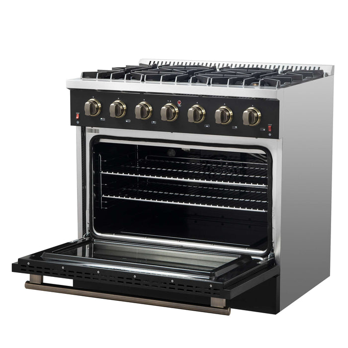 Forno Galiano 36-inch Freestanding Gas Range in Black with Antique Brass Design, 6 Burners, 83,000 BTU, 5.36 cu.ft. Convection Oven