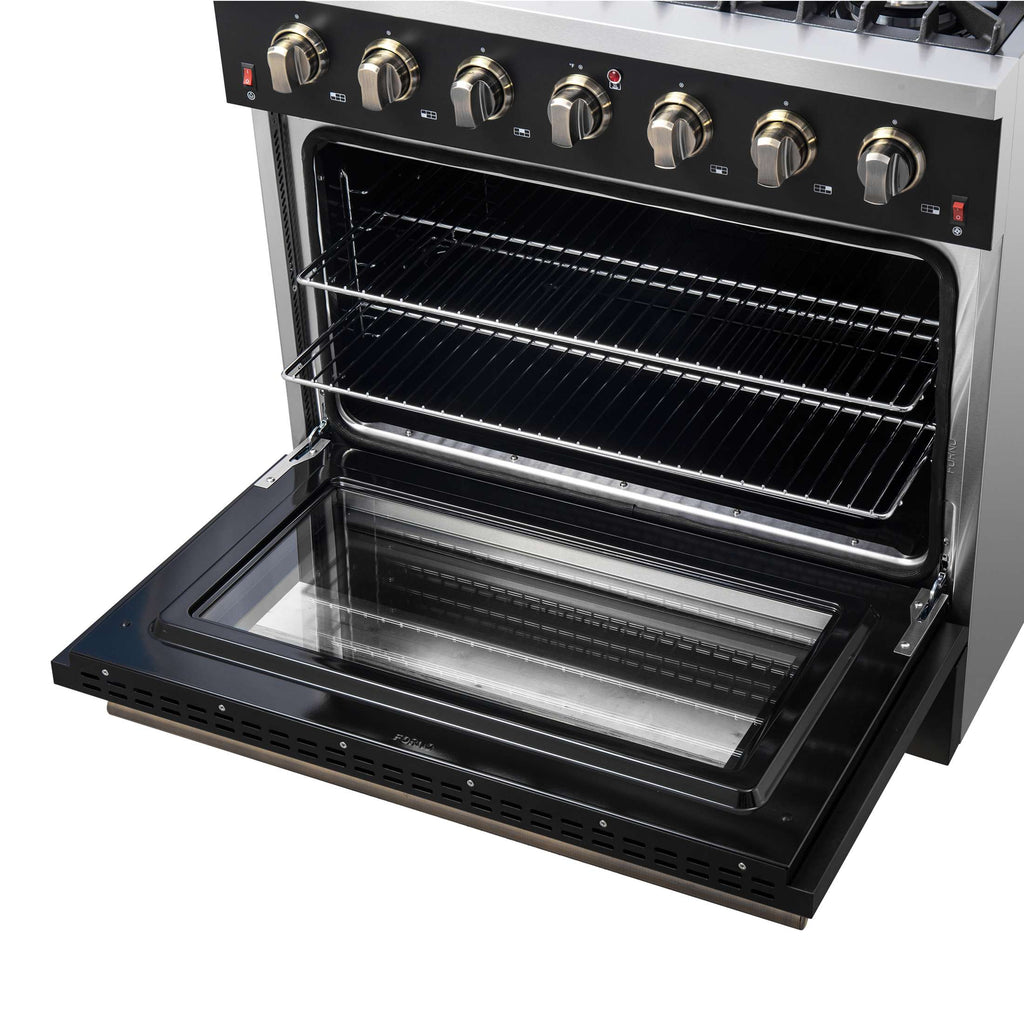 Forno Galiano 36-inch Freestanding Gas Range in Black with Antique Brass Design, 6 Burners, 83,000 BTU, 5.36 cu.ft. Convection Oven