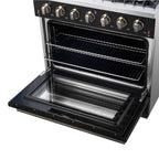 Forno Galiano 36-inch Freestanding Gas Range in Black with Antique Brass Design, 6 Burners, 83,000 BTU, 5.36 cu.ft. Convection Oven