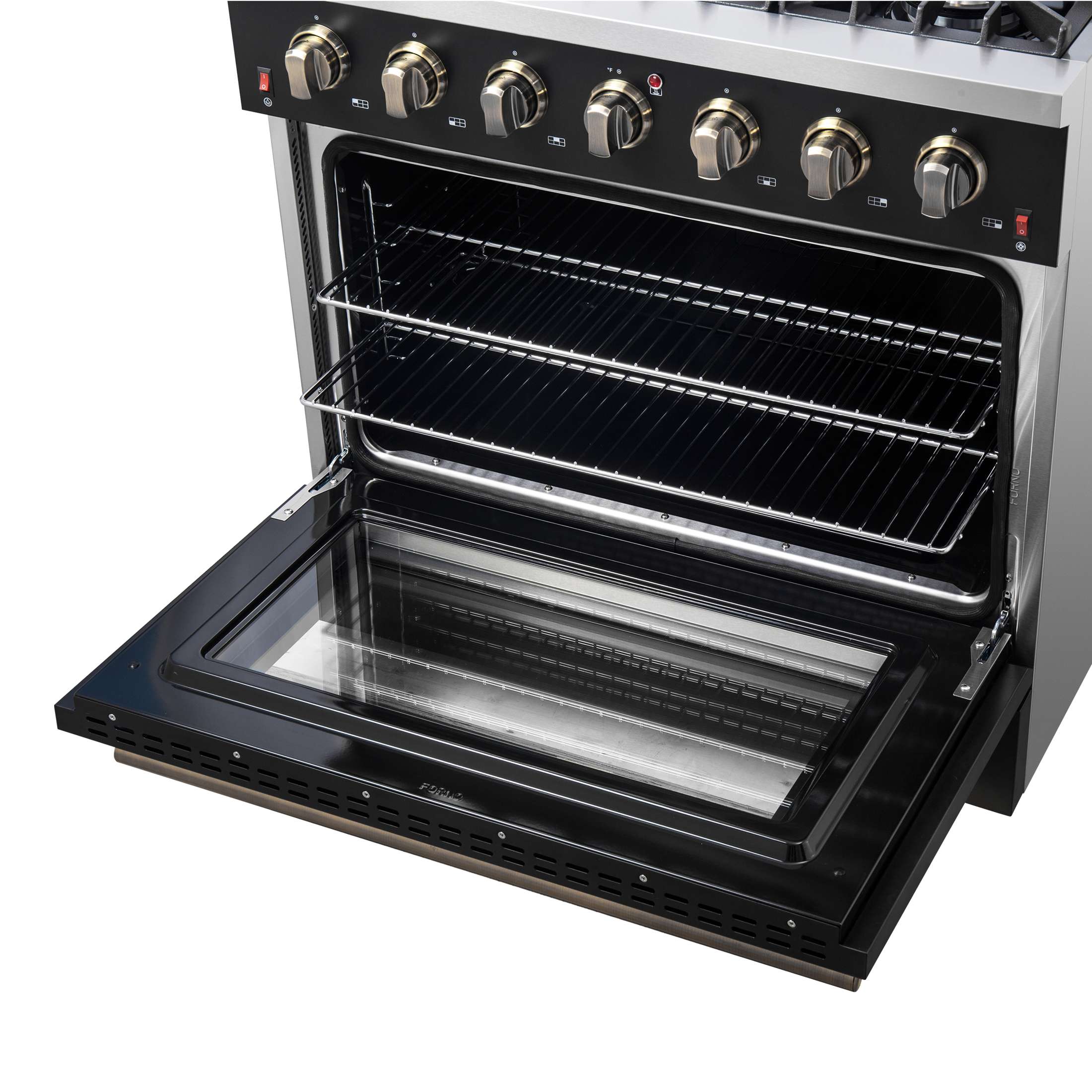 Forno Galiano 36-inch Freestanding Gas Range in Black with Antique Brass Design, 6 Burners, 83,000 BTU, 5.36 cu.ft. Convection Oven