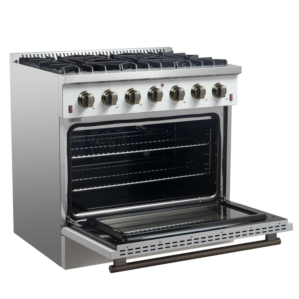 Forno Galiano 36-inch Freestanding Gas Range in White with Antique Brass Design, 6 Burners, 83,000 BTU, 5.36 cu.ft. Convection Oven