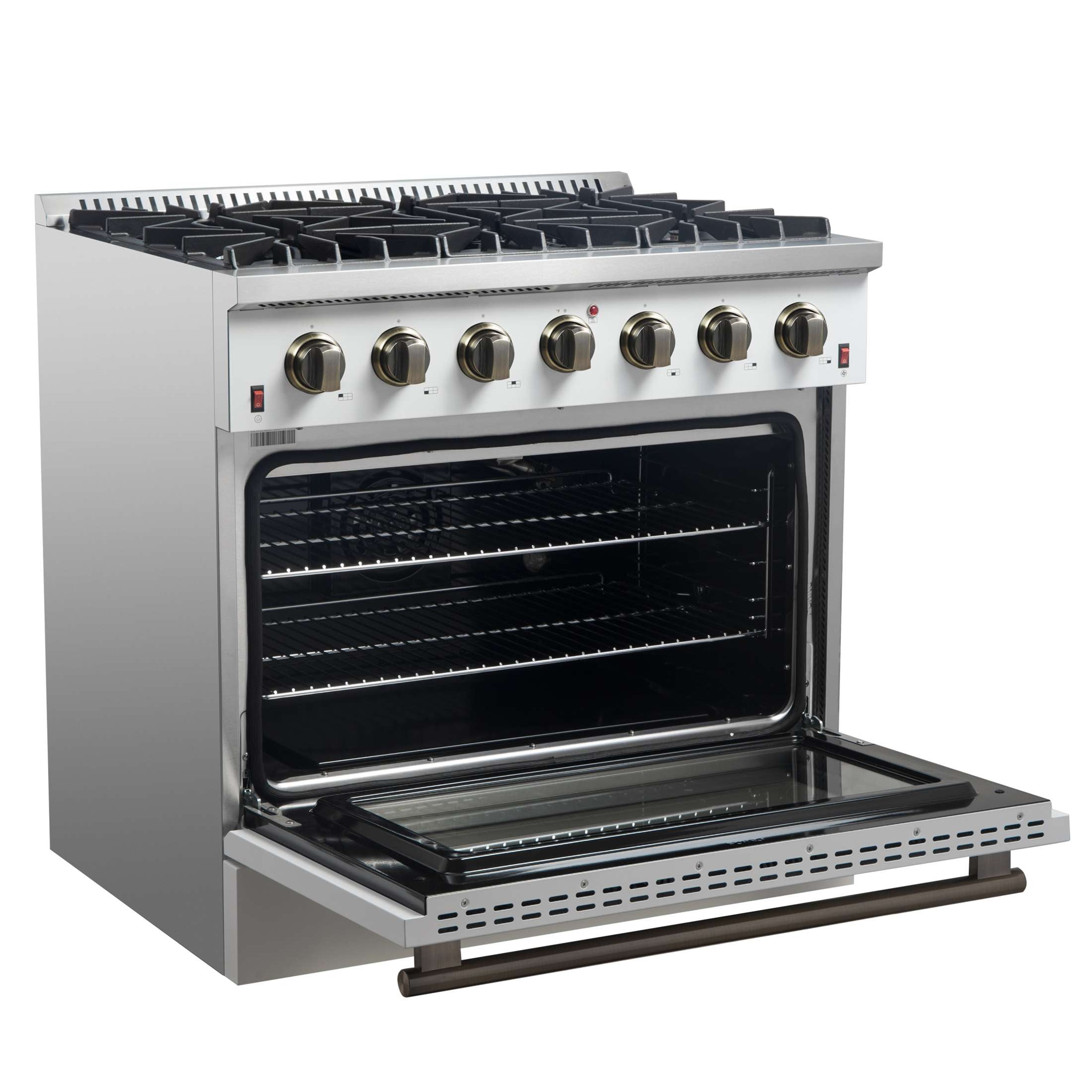 Forno Galiano 36-inch Freestanding Gas Range in White with Antique Brass Design, 6 Burners, 83,000 BTU, 5.36 cu.ft. Convection Oven