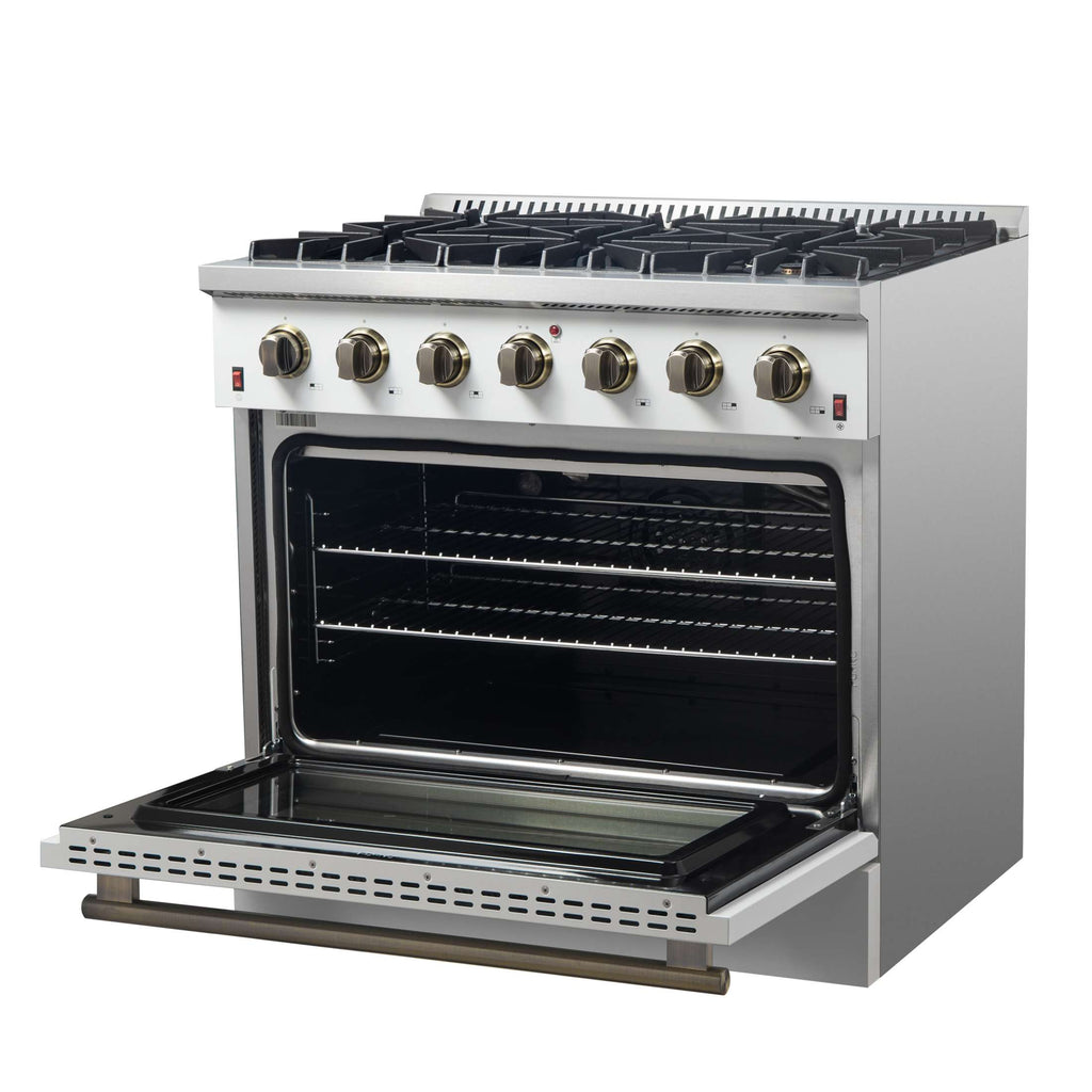 Forno Galiano 36-inch Freestanding Gas Range in White with Antique Brass Design, 6 Burners, 83,000 BTU, 5.36 cu.ft. Convection Oven