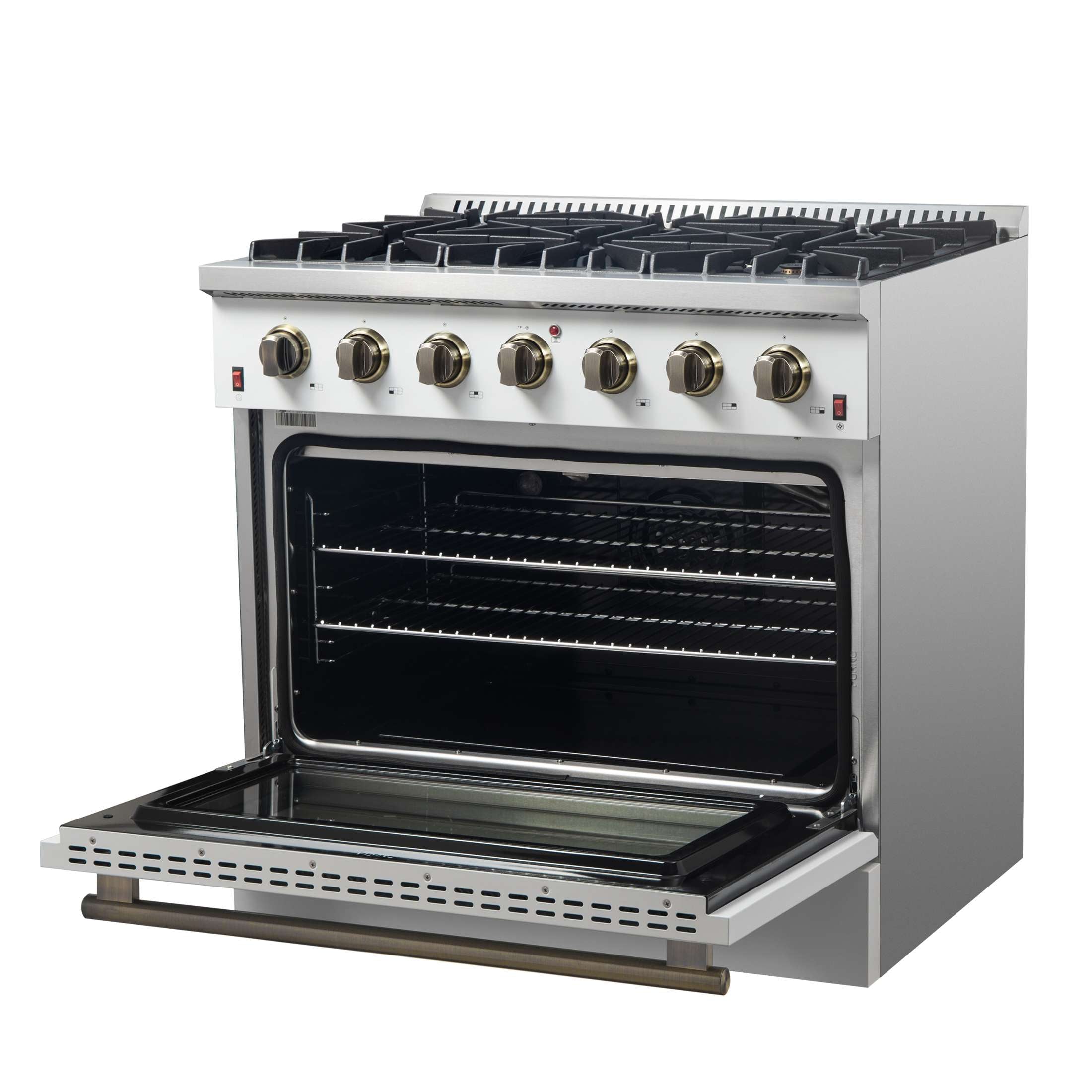 Forno Galiano 36-inch Freestanding Gas Range in White with Antique Brass Design, 6 Burners, 83,000 BTU, 5.36 cu.ft. Convection Oven