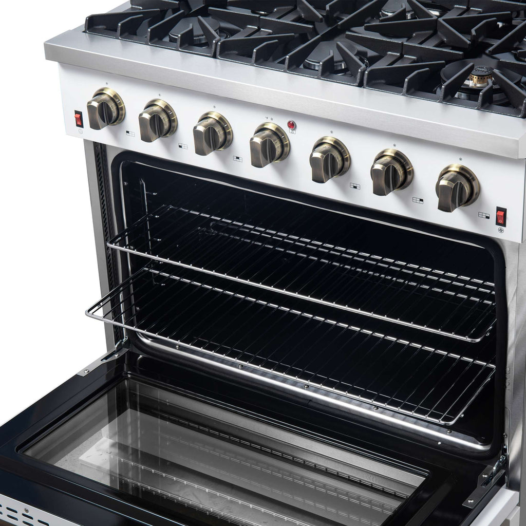 Forno Galiano 36-inch Freestanding Gas Range in White with Antique Brass Design, 6 Burners, 83,000 BTU, 5.36 cu.ft. Convection Oven