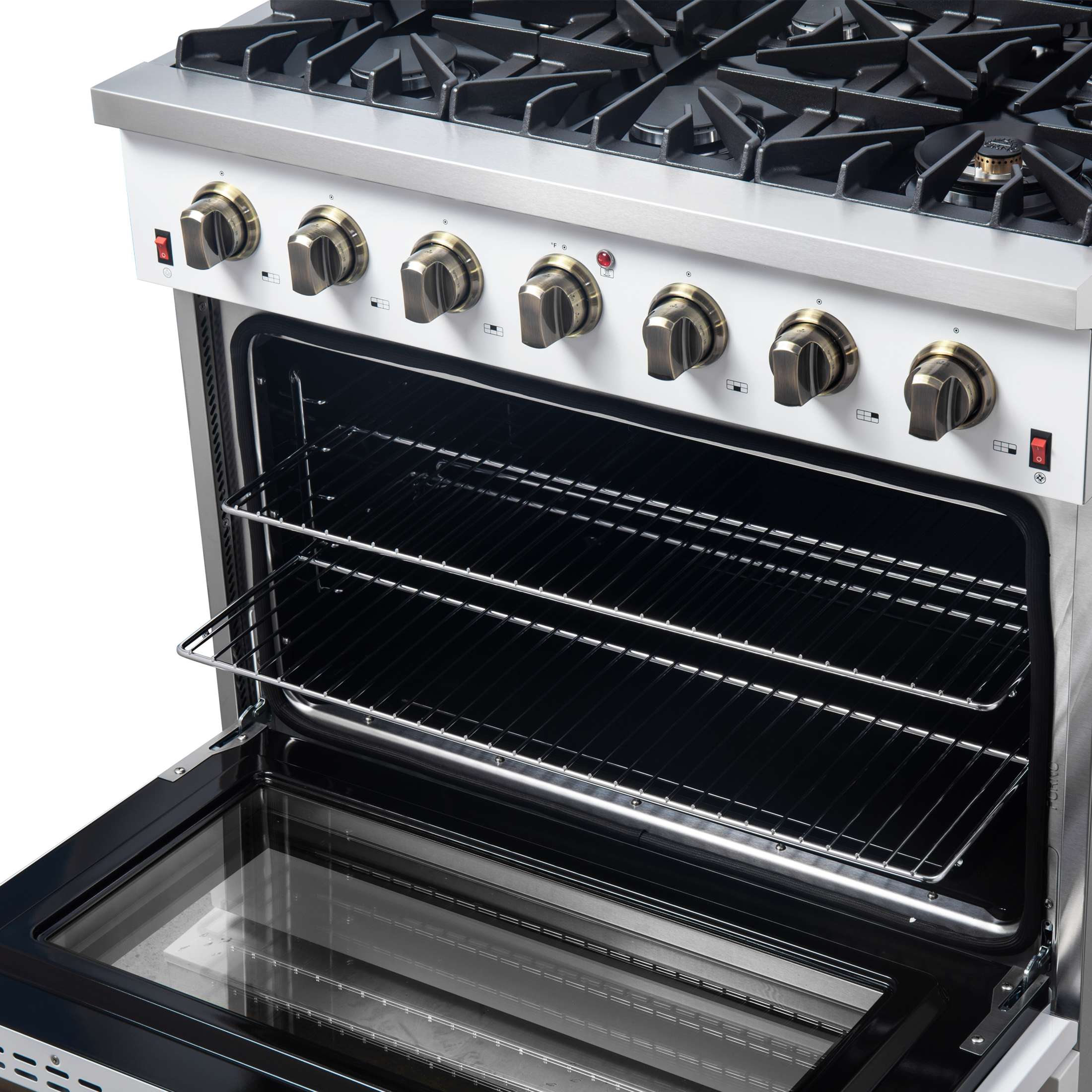 Forno Galiano 36-inch Freestanding Gas Range in White with Antique Brass Design, 6 Burners, 83,000 BTU, 5.36 cu.ft. Convection Oven