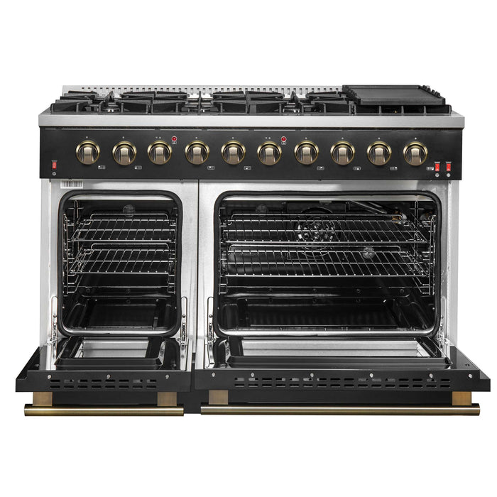 FORNO Galiano 48-inch Gas Range Black & Antique Brass Design, 8 Burners, 107,000 BTU, Griddle, 6.58 cu.ft. Double Ovens