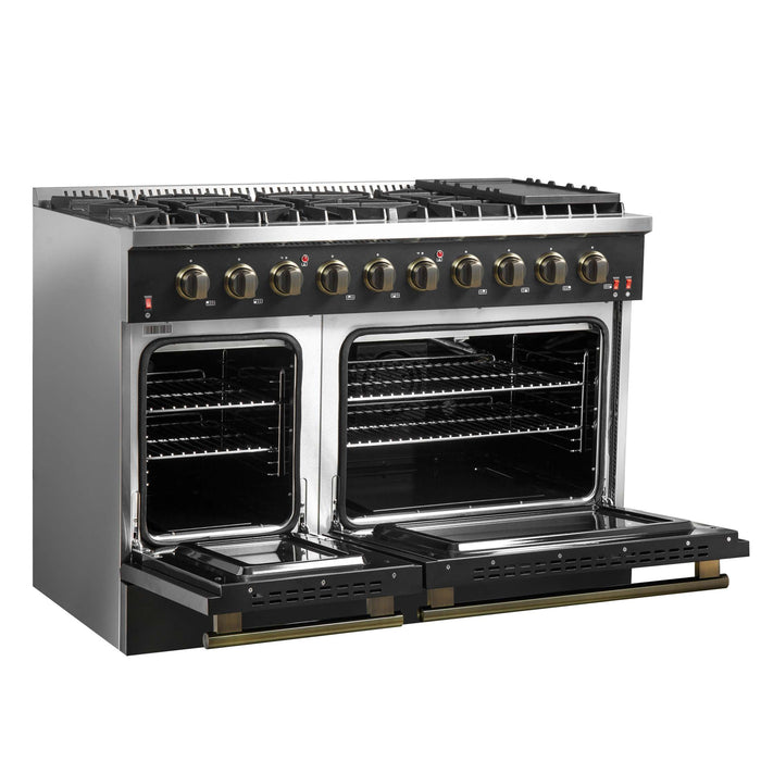 FORNO Galiano 48-inch Gas Range Black & Antique Brass Design, 8 Burners, 107,000 BTU, Griddle, 6.58 cu.ft. Double Ovens
