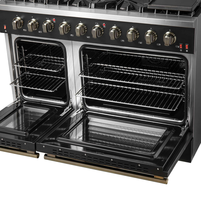 FORNO Galiano 48-inch Gas Range Black & Antique Brass Design, 8 Burners, 107,000 BTU, Griddle, 6.58 cu.ft. Double Ovens