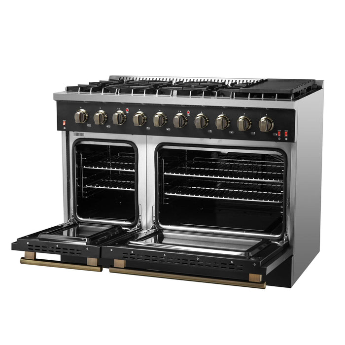 FORNO Galiano 48-inch Gas Range Black & Antique Brass Design, 8 Burners, 107,000 BTU, Griddle, 6.58 cu.ft. Double Ovens