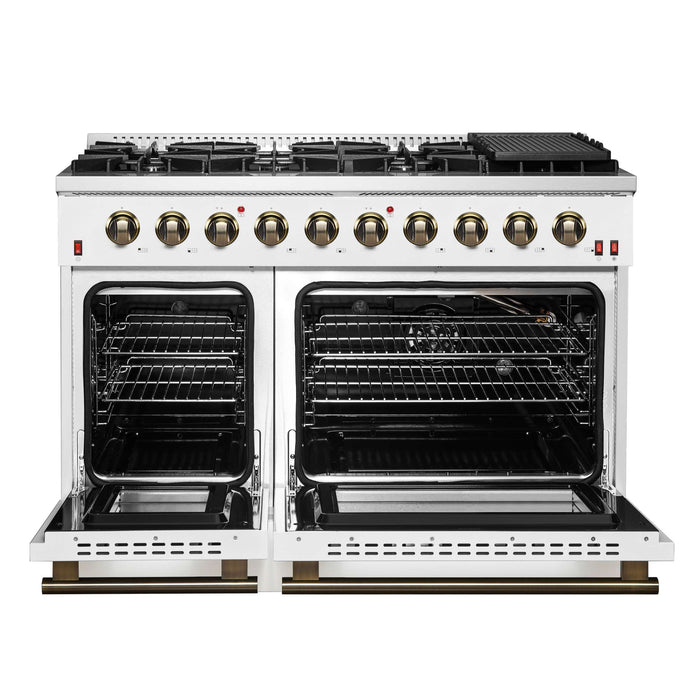 FORNO Galiano 48-inch Gas Range White & Antique Brass Design, 8 Burners, 107,000 BTU, Griddle, 6.58 cu.ft. Double Ovens