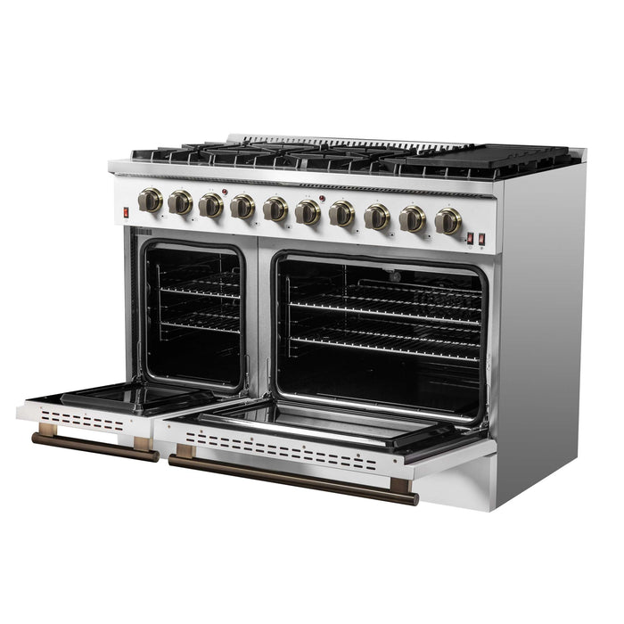 FORNO Galiano 48-inch Gas Range White & Antique Brass Design, 8 Burners, 107,000 BTU, Griddle, 6.58 cu.ft. Double Ovens