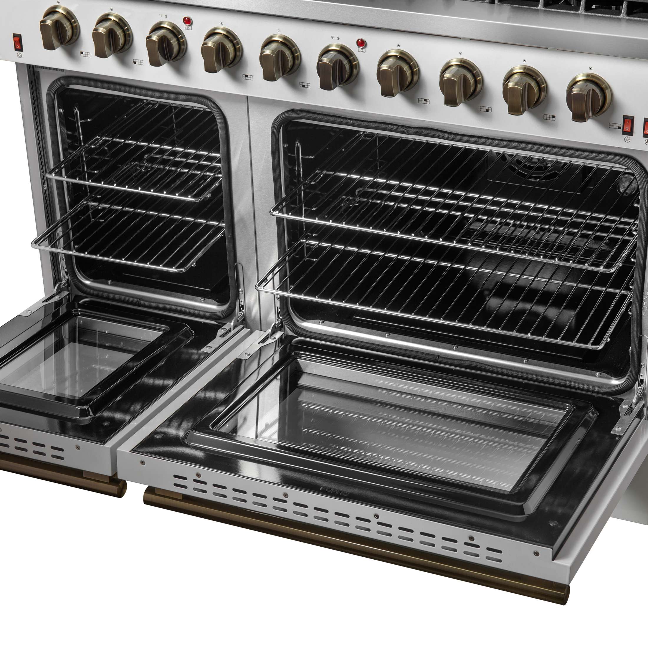 FORNO Galiano 48-inch Gas Range White & Antique Brass Design, 8 Burners, 107,000 BTU, Griddle, 6.58 cu.ft. Double Ovens