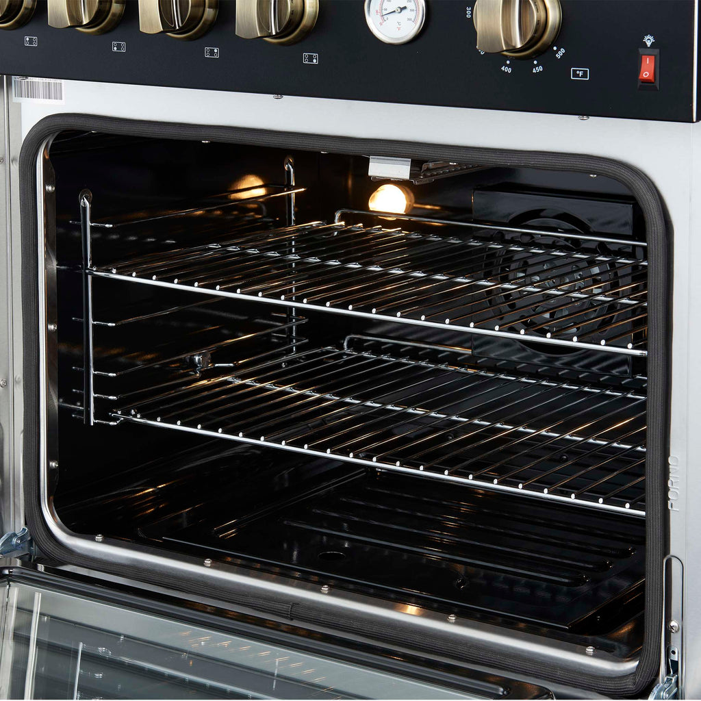 Marco 30-inch Gas Range Black & Antique Brass Design, 4 Burners 37,000 BTU, 4.32 cu.ft. Convection Oven