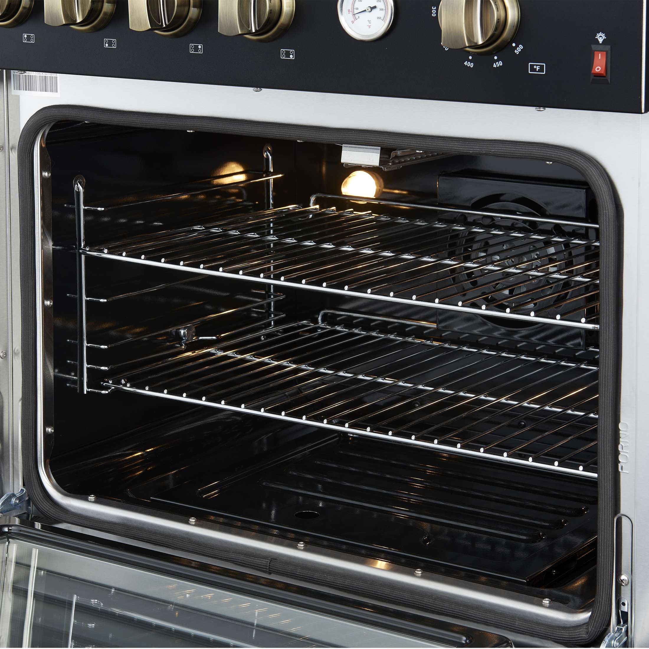 Marco 30-inch Gas Range Black & Antique Brass Design, 4 Burners 37,000 BTU, 4.32 cu.ft. Convection Oven