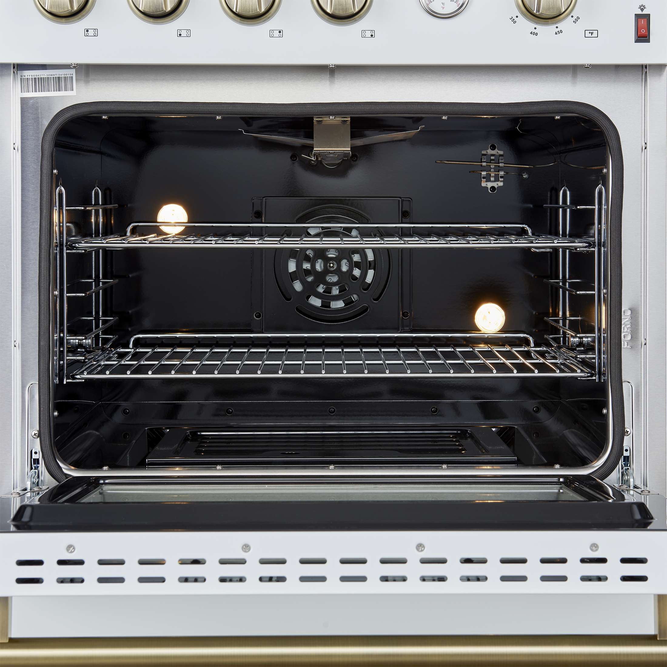 Marco 30-inch Gas Range White & Antique Brass Design, 4 Burners 37,000 BTU, 4.32 cu.ft. Convection Oven