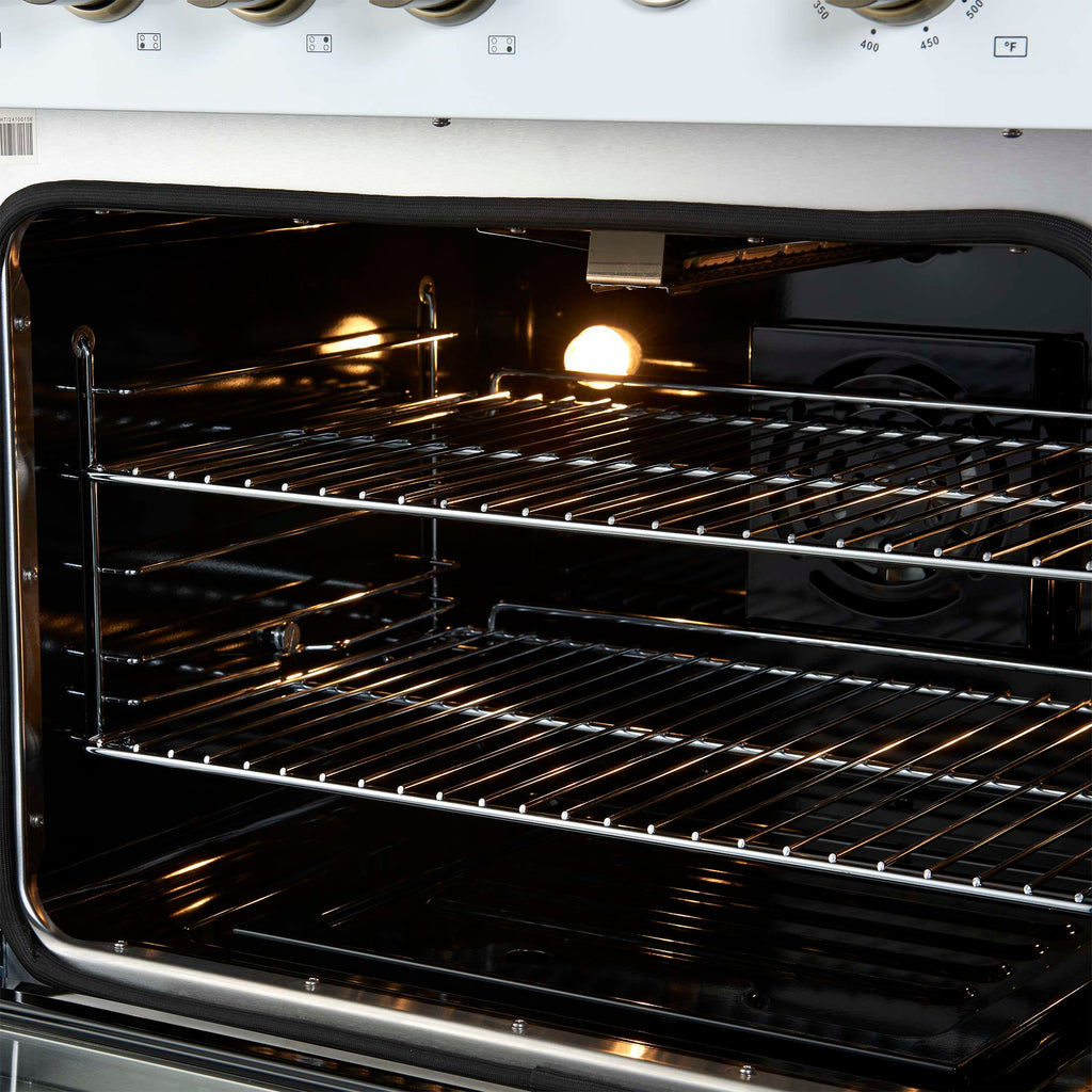 Marco 30-inch Gas Range White & Antique Brass Design, 4 Burners 37,000 BTU, 4.32 cu.ft. Convection Oven