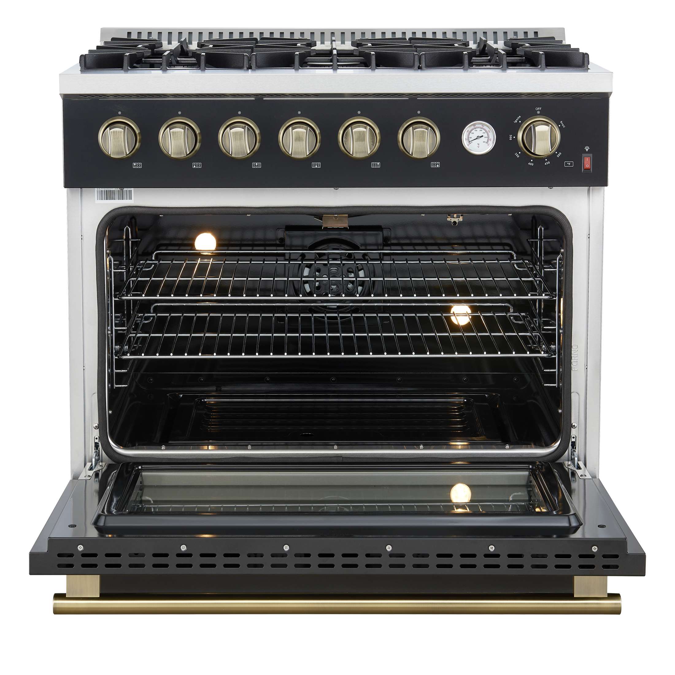Marco 36-Inch Gas Range Black & Antique Brass Design, 6 Burners 67,000 BTU, 5.36 cu.ft. Convection Oven