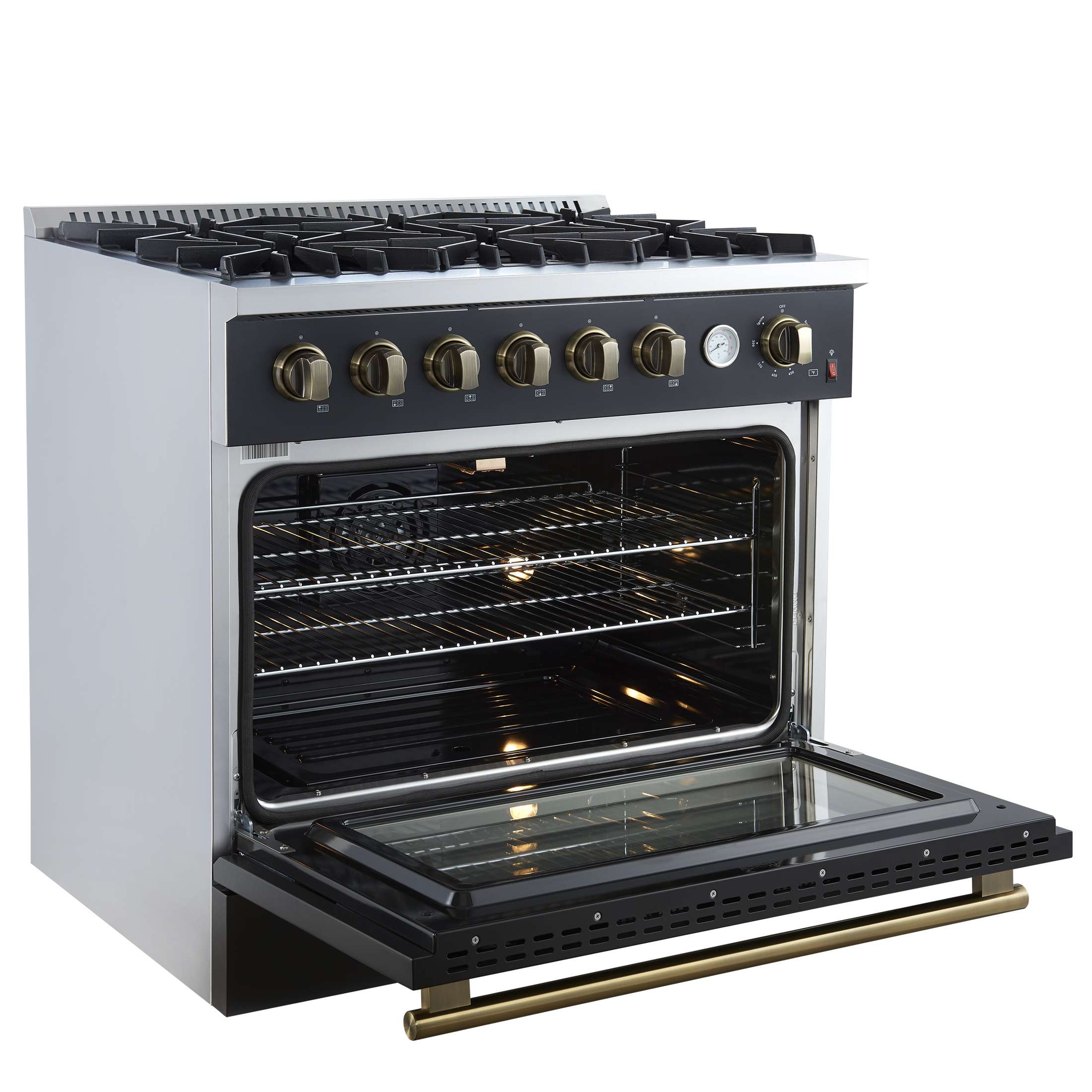 Marco 36-Inch Gas Range Black & Antique Brass Design, 6 Burners 67,000 BTU, 5.36 cu.ft. Convection Oven