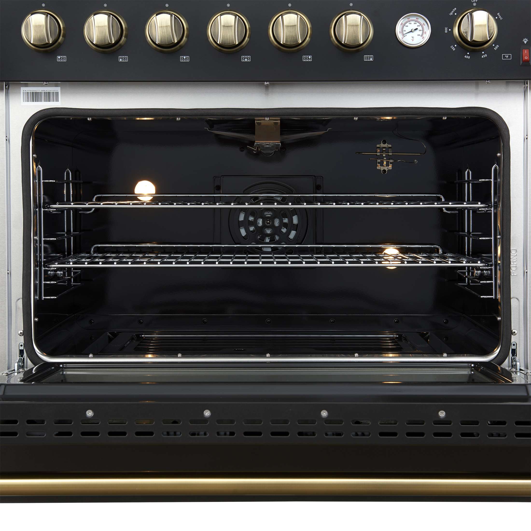 Marco 36-Inch Gas Range Black & Antique Brass Design, 6 Burners 67,000 BTU, 5.36 cu.ft. Convection Oven