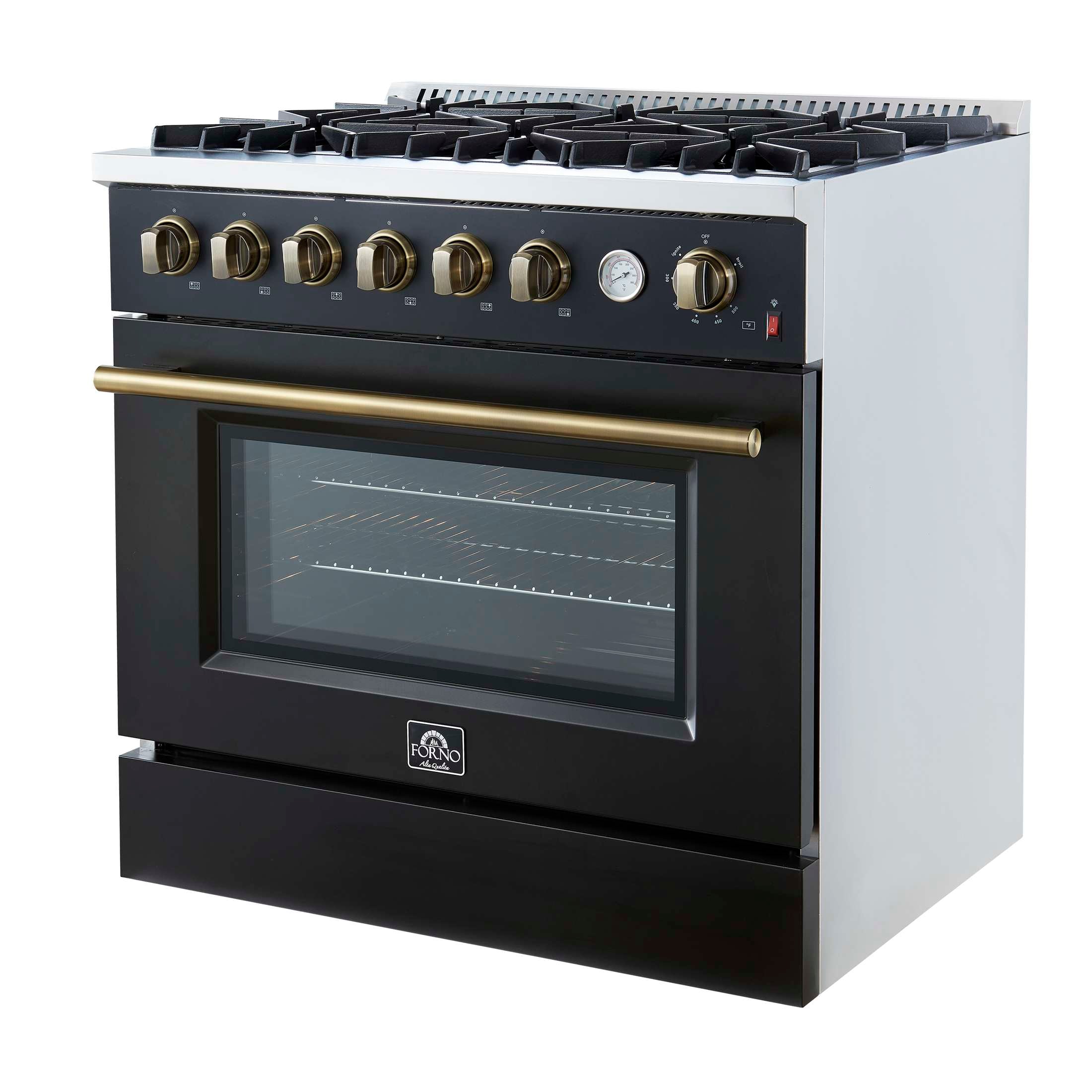 Marco 36-Inch Gas Range Black & Antique Brass Design, 6 Burners 67,000 BTU, 5.36 cu.ft. Convection Oven
