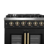 Forno Galiano 30-inch French Door Gas Range Black and Antique Brass Design, 5 Sealed Burners 68,000 BTU,  4.32 cu.ft. Convection Oven