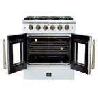 Forno Galiano 30-inch French Door Gas Range
White with Antique Brass Design, 5 Burners,
68,000 BTU, 4.32 cu.ft. Convection Oven